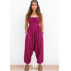 Women's Strapless Pink Harem‎ Jumpsuit Baggy Smocked Romper Boho Hippie OS